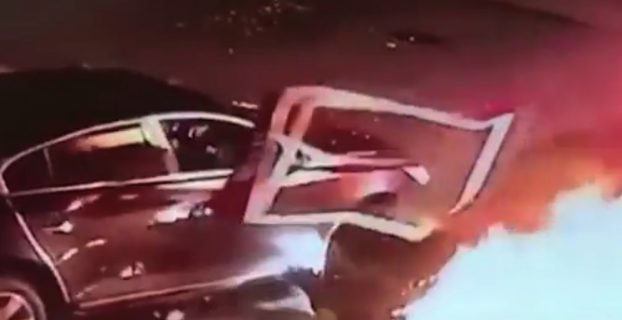Fiery moment man accused of killing wife crashes into a Citgo